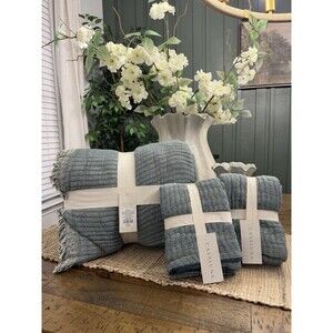 RARE BUNDE Casaluna Queen Chambray Coverlet + 2 Euro Shams Dark Teal Blue NEW